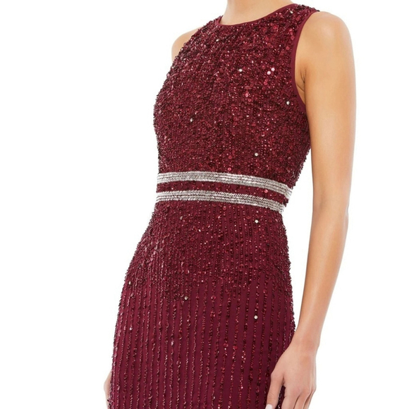 Mac Duggal 10509 Burgundy Sleeveless High Neck Beaded Midi Sheath Dress MOTB 6 - Picture 2 of 13